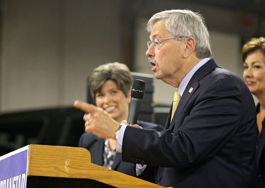 Gov. Terry Branstad speaks during the Branstad-Reynolds General Election Kickoff Tour at Pate Asphalt Systems in Marion on June 5, 2014.