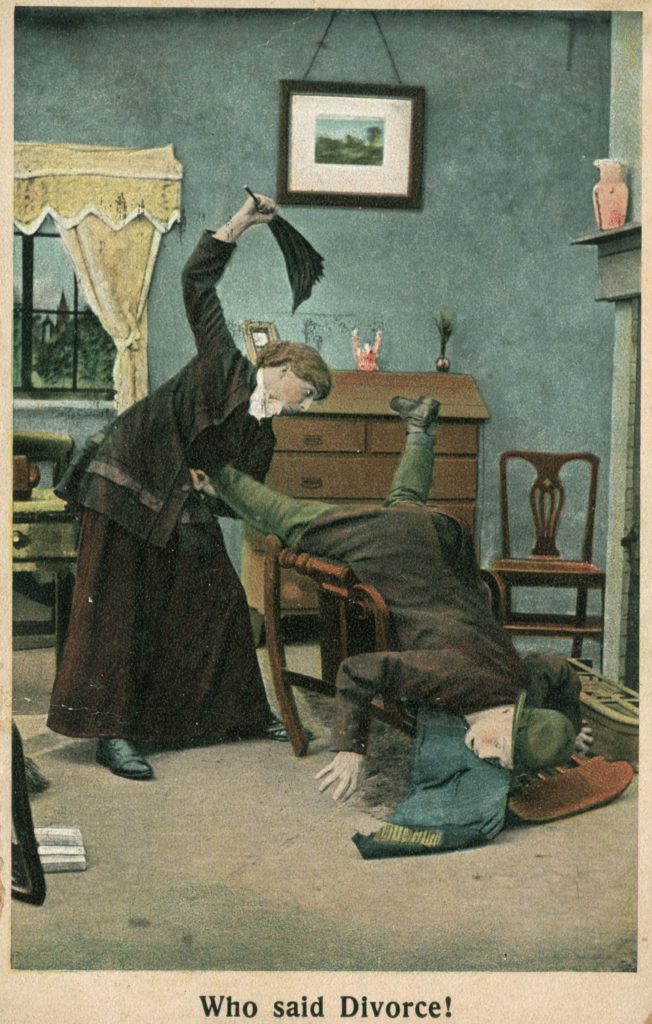 This Bamforth anti-suffragist postcard shows a wife flogging her husband. (Source: Catherine H. Palczewki Postcard Archive, University of Northern Iowa, Cedar Falls)