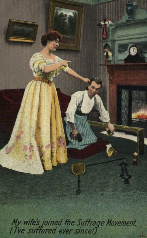 A Bamforth anti-suffragist postcard depicts a women dominating her husband. (Source: Catherine H. Palczewki Postcard Archive, University of Northern Iowa, Cedar Falls)