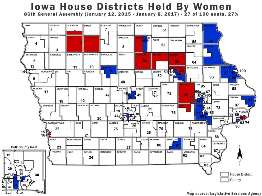 Women currently hold 27 seats in the 100-seat Iowa House. Republican women have six districts. Democrats have 21.