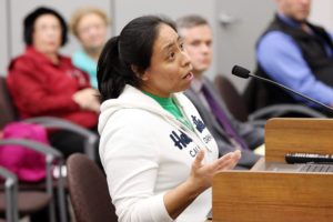 Elizabeth Bernal of Iowa City addresses the city council in support of sanctuary city status during a city council public comment period at the Iowa City City Hall following a work session on the prospect of becoming a sanctuary city on Tuesday, Jan. 3, 2017. (Liz Martin/The Gazette)