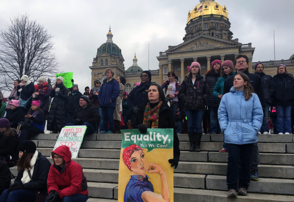 Participants in the Iowa Women's March gather on the steps of the State Capitol in Des Moines in January 21, 2017. (Lynda Waddington/The Gazette)