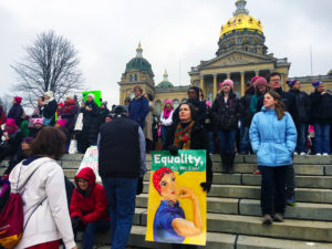 Participants in the Iowa Women’s March gather on the steps of the State Capitol in Des Moines on January 21, 2017.