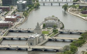Mays Island on the Cedar Rapids showing the Veterans Memorial Building, Linn County Courthouse, and Linn County Jail in an aerial photograph in Cedar Rapids on Wednesday, May 14, 2014.