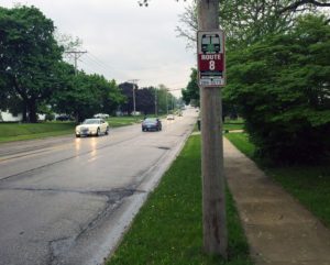 Many Cedar Rapids Transit bus stops feature only a sign. This Route 8 stop is located near the intersection of Johnson Ave. NW and Wellesley Ct. NW.