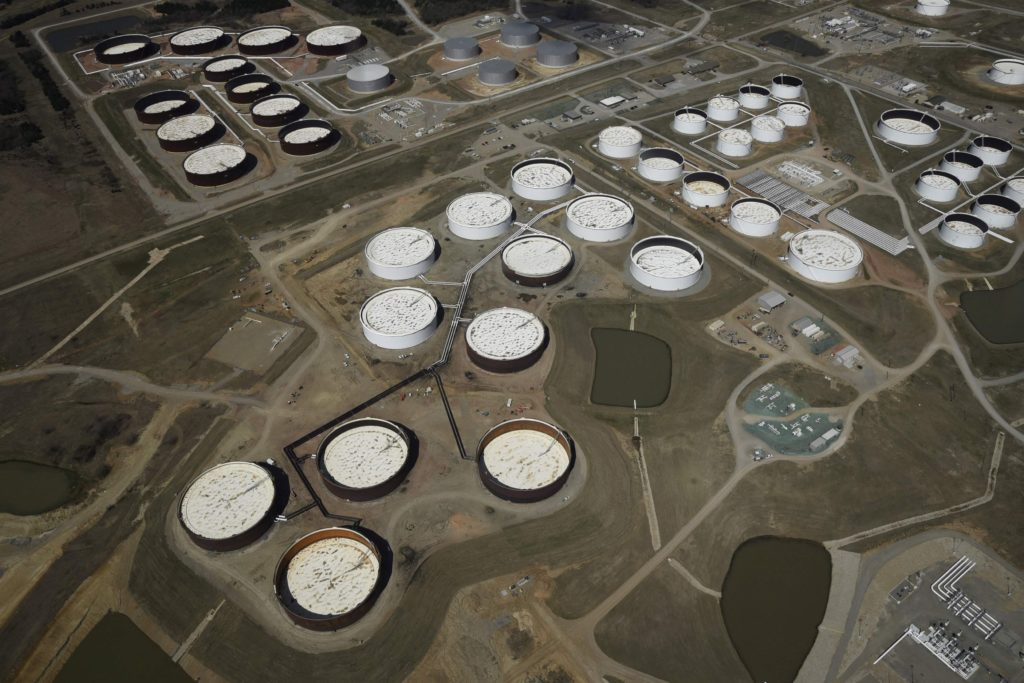 Crude oil storage tanks are seen from above at the Cushing oil hub, in Cushing, Oklahoma, U.S., on March 24, 2016.