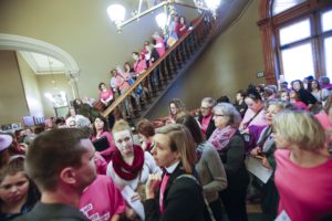 Planned Parenthood supporters gather in the hallway and stairs outside a senate subcommittee hearing on Senate File 2, a bill that proposes removing the Iowa Family Planning waiver and would create a state-run organization denying funding for health providers that offer abortion services at the State Capitol in Des Moines on Tuesday, Jan. 24, 2017. Sen. Amy Sinclair (R-Allerton) chaired the subcommittee, which also included Senators Janet Petersen (D-Des Moines) and Jason Schultz (R-Schleswig).