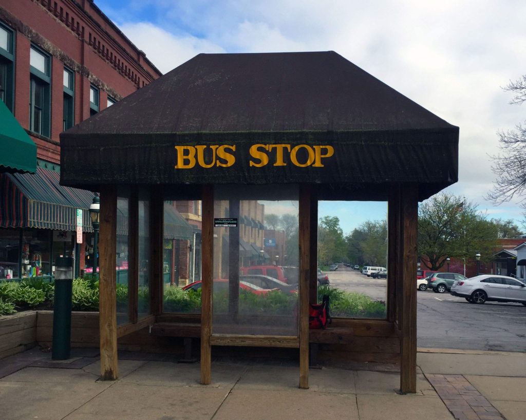 The sheltered bus stop in Marion Square, uptown Marion on May 2, 2016. (Lynda Waddington/The Gazette)