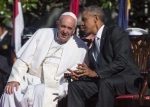 Pope Francis visits with President Barack Obama during an arrival ceremony at the White House on Wednesday, September 23, 2015.