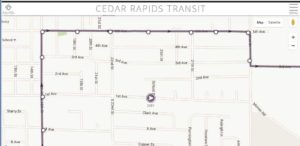 A screen shot of rideCRT.com shows the Route 5S bus (circle with arrow) traveling along First Avenue in Marion. The bus had to divert from its regular route along Fifth Avenue due to road construction. The map of the route, however, is not updated.
