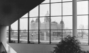 The Iowa Capitol is seen through the windows of the Henry A. Wallace State Office Building in Des Moines.