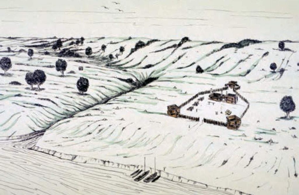 A 1970 Franklin Sindelar illustration of Black Hawk's Ravine and initial Fort Madison construction. (Source: Office of the State Archaeologist, "Investigating the Archaeological Context of the Original Fort Madison Battlefield and Black Hawk's Ravine, Lee County, Iowa)