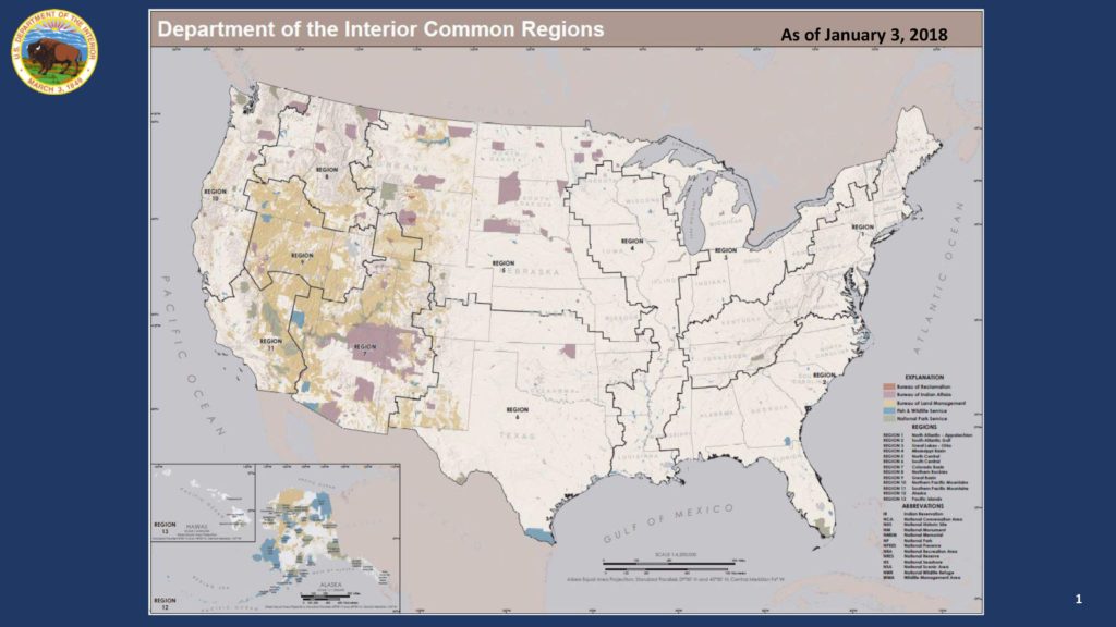 A map from Interior Secretary Ryan Zinke’s office shows that Interior agencies would report to 13 regions based on natural watersheds instead of state boundaries. (Department of the Interior)