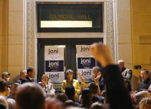 Republican candidate for U.S. Senate Joni Ernst campaigns outside Gilmore Hall on the University of Iowa campus in Iowa City on Oct. 22.