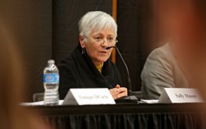 University of Iowa President Sally Mason discusses her personal experience with sexual assault at the start of a "listening post" held at the Iowa Memorial Union in Iowa City in February 2014.