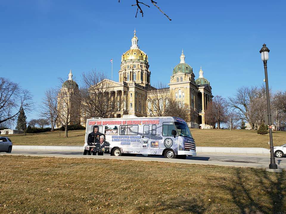 The recreational vehicle used by Manuel Valenzuela to tour the country is wrapped with information about the plight of military veterans facing deportation. In this photo, it is parked March 28 near the Iowa Capitol. (Submitted photo)