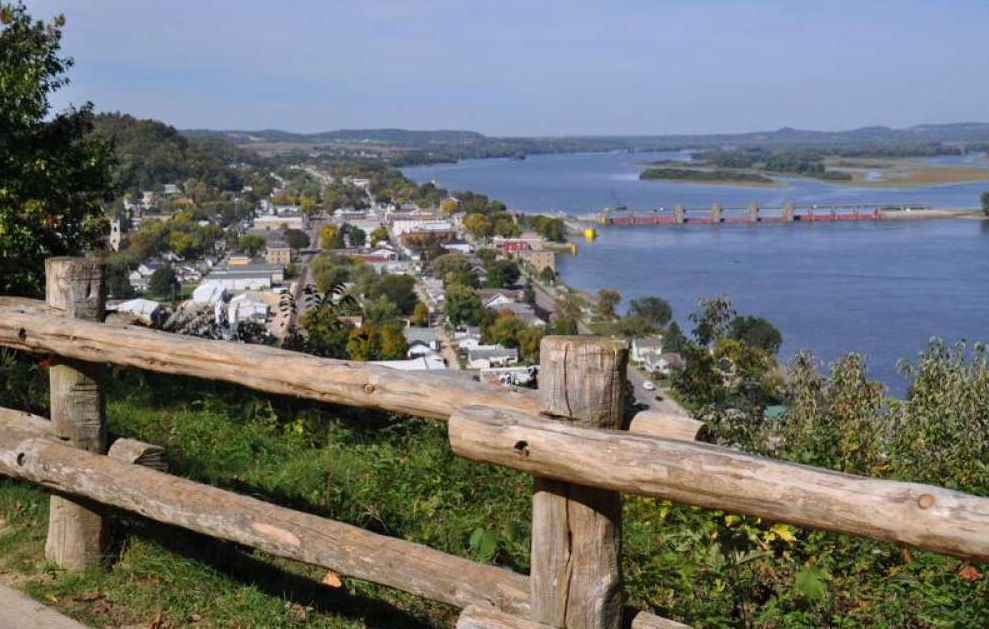 A view of the Bellevue, Iowa riverfront from the overlook at Bellevue State Park. At the park, visitors can camp on the bluffs of the Mississippi River and take in the view. (Gazette Archives)
